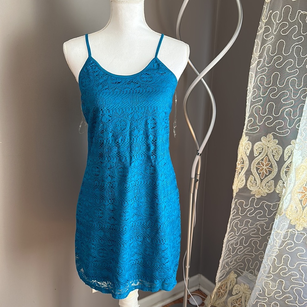 LOVE FIRE Teal Crochet Lace Cami Tank Shift Dress small